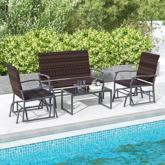 4 Piece Patio Gliding Set Wicker Swing Glider Furniture Set All Weather witrh Tempered Glass Coffee Table-Brown