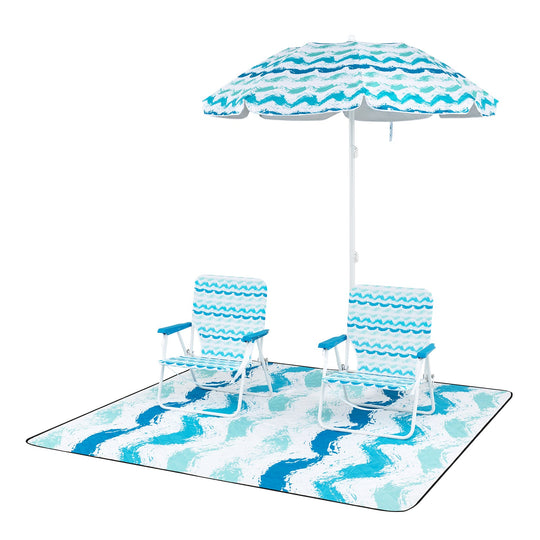 4 Pieces Beach Umbrella Set with 2 Foldable Chairs and Picnic Blanket