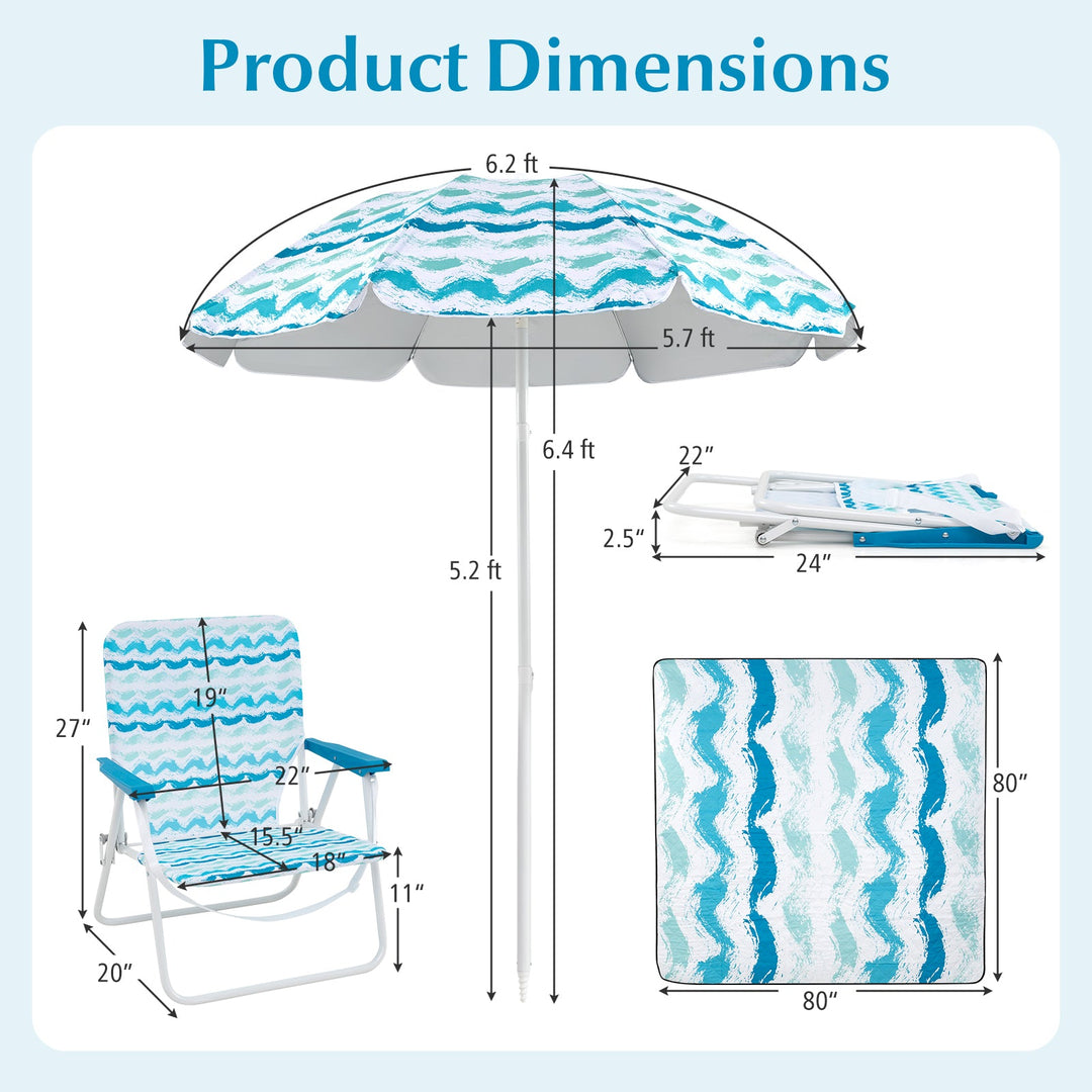 4 Pieces Beach Umbrella Set with 2 Foldable Chairs and Picnic Blanket
