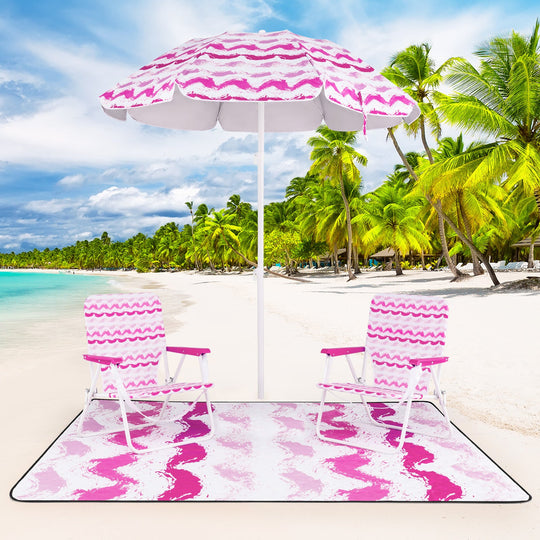 4 Pieces Beach Umbrella Set with 2 Foldable Chairs and Picnic Blanket