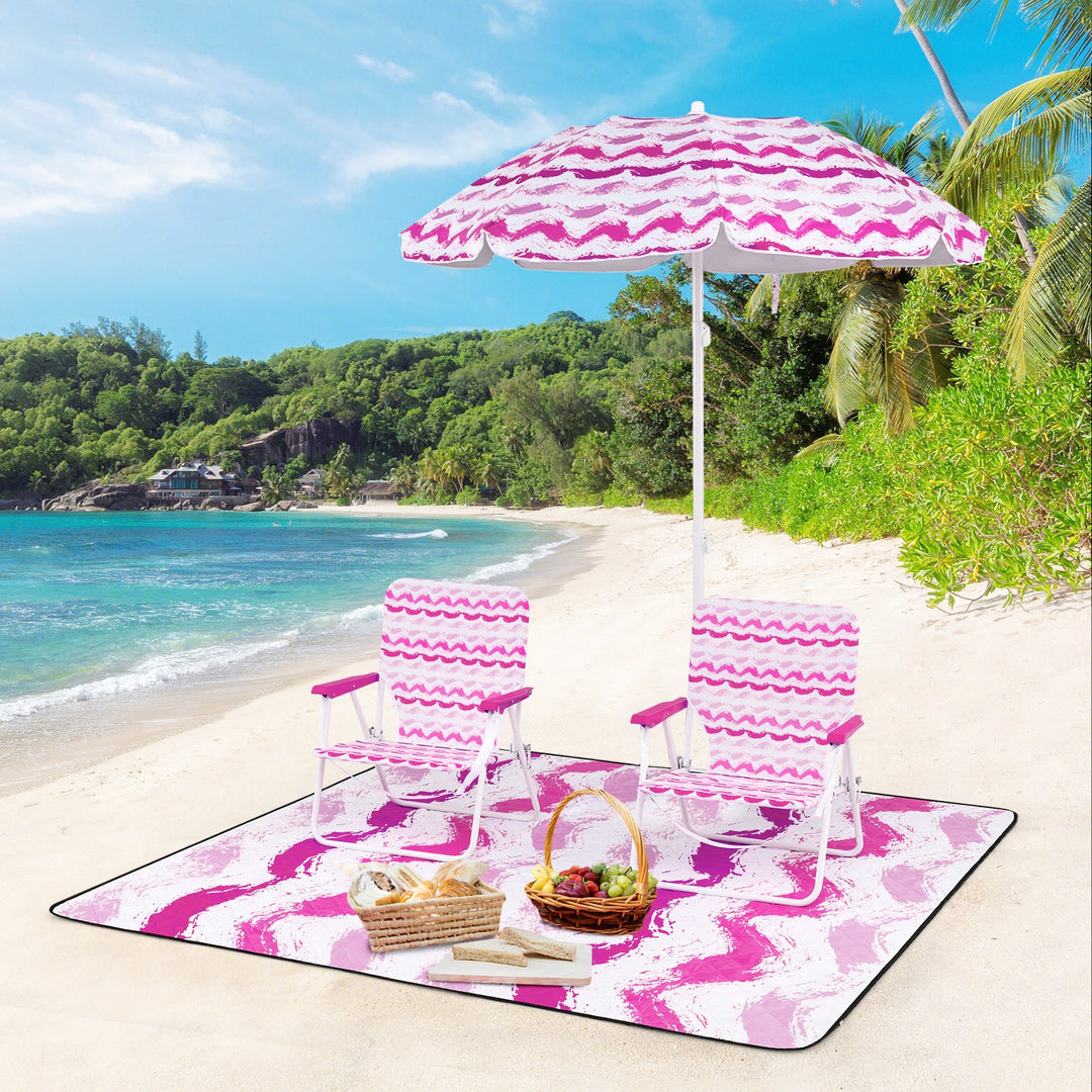 4 Pieces Beach Umbrella Set with 2 Foldable Chairs and Picnic Blanket