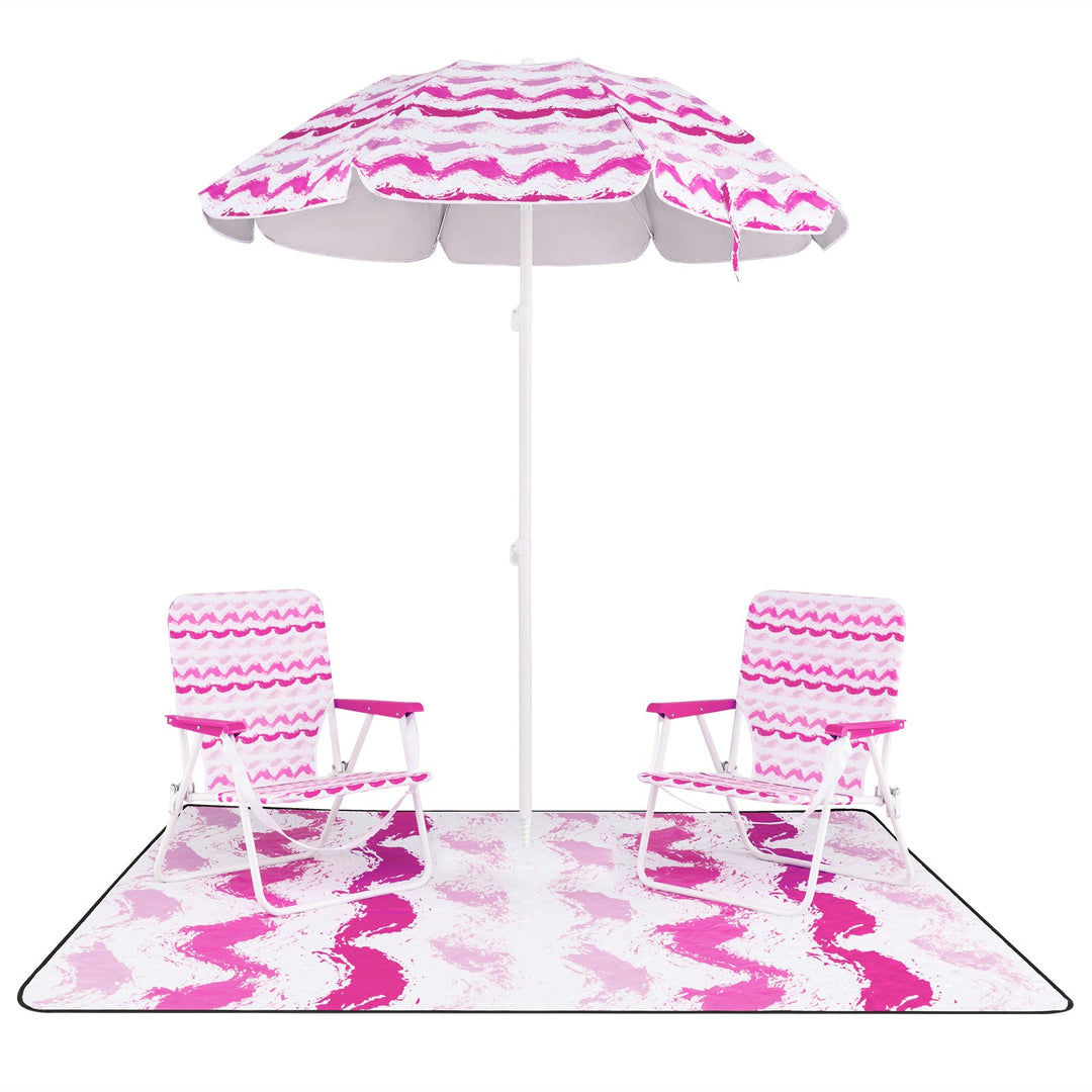 4 Pieces Beach Umbrella Set with 2 Foldable Chairs and Picnic Blanket