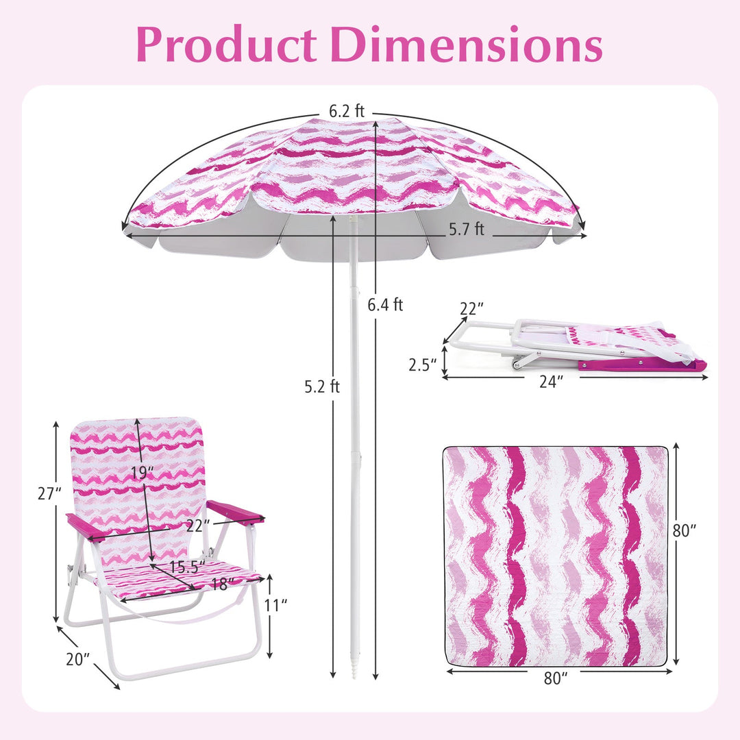 4 Pieces Beach Umbrella Set with 2 Foldable Chairs and Picnic Blanket