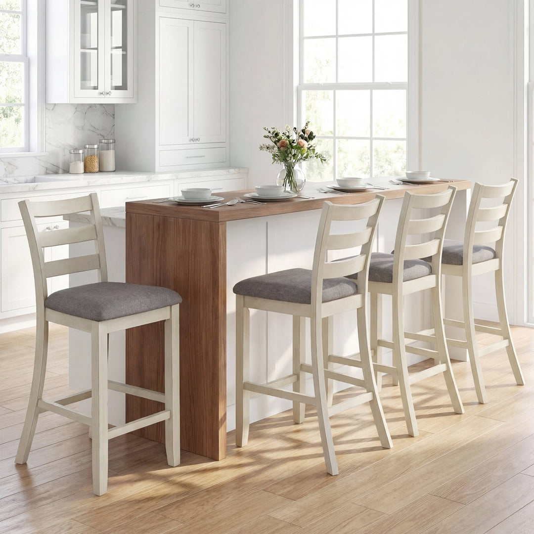 4 Pieces Counter Height Chairs with Fabric Seat and Rubber Wood Legs