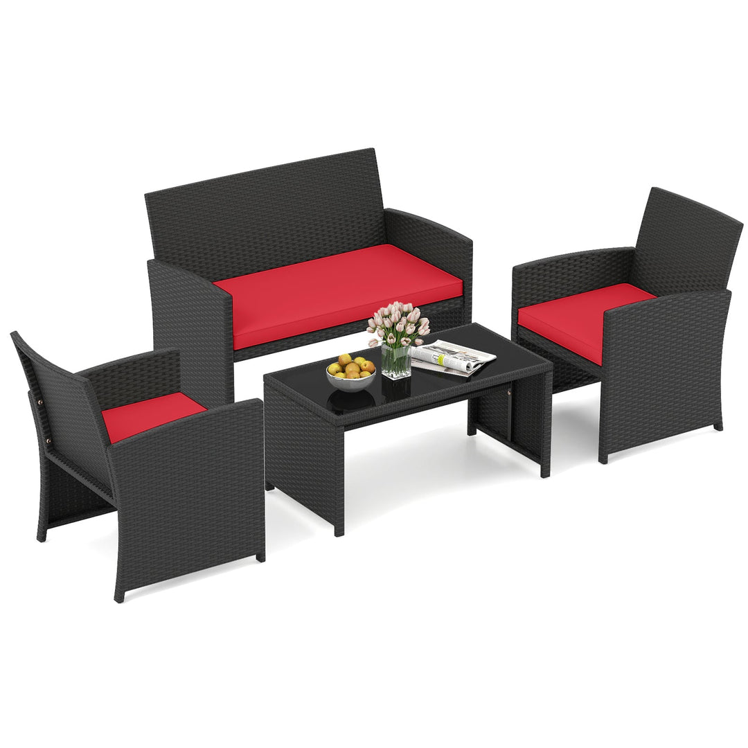 4 Pieces Patio Furniture Set with Tempered Glass Tabletop and Removable Cushion