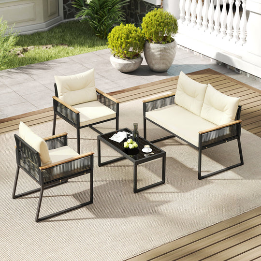 4 Pieces Patio Furniture Set Outdoor Conversation Set with Tempered Glass Coffee Table-Black
