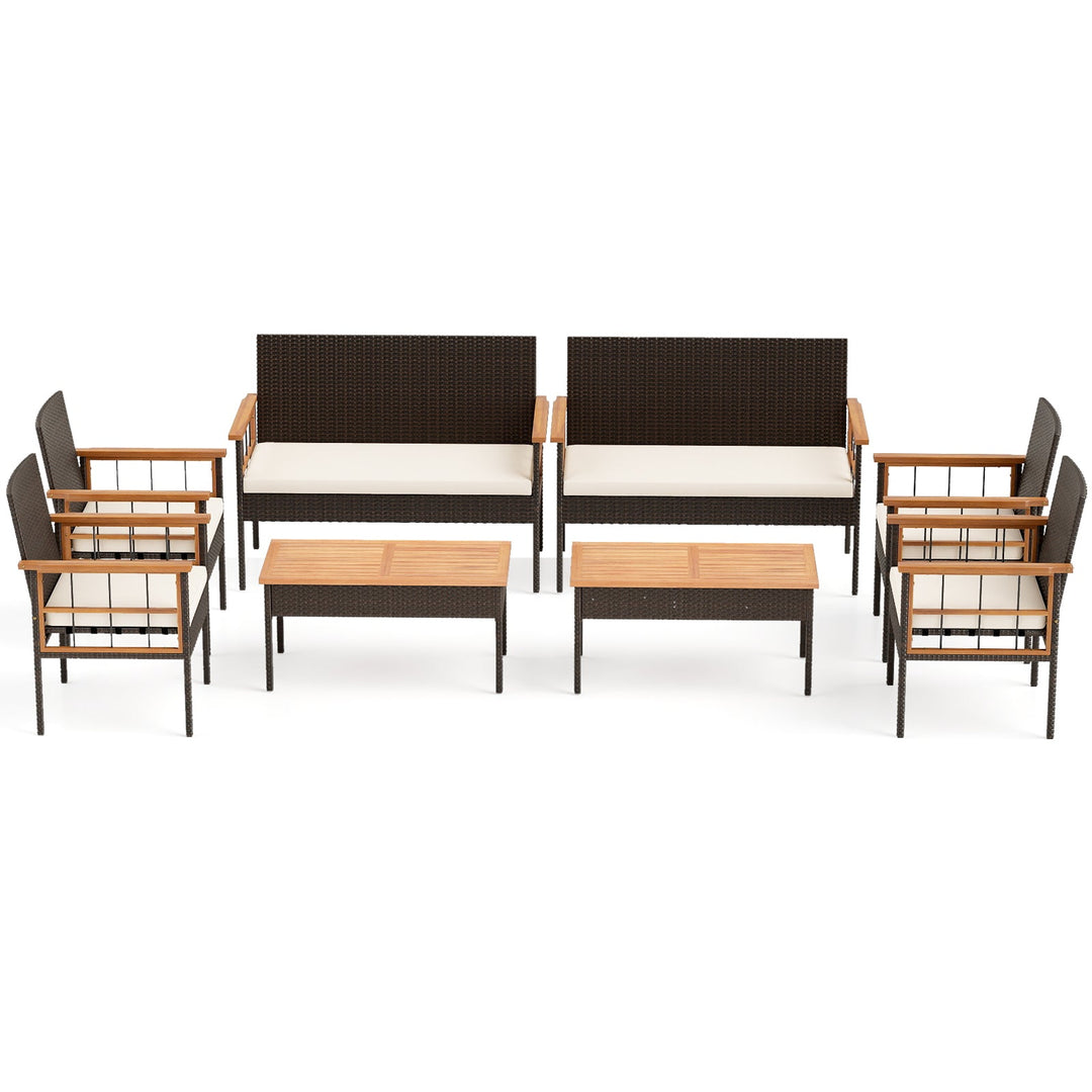 4 Pieces Wicker Furniture Set with Acacia Wood Tabletop and Armrests for Porch-White