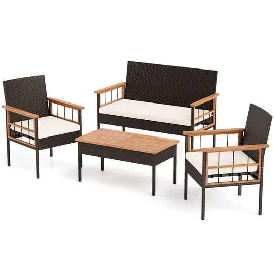 4 Pieces Wicker Furniture Set with Acacia Wood Tabletop and Armrests for Porch-White