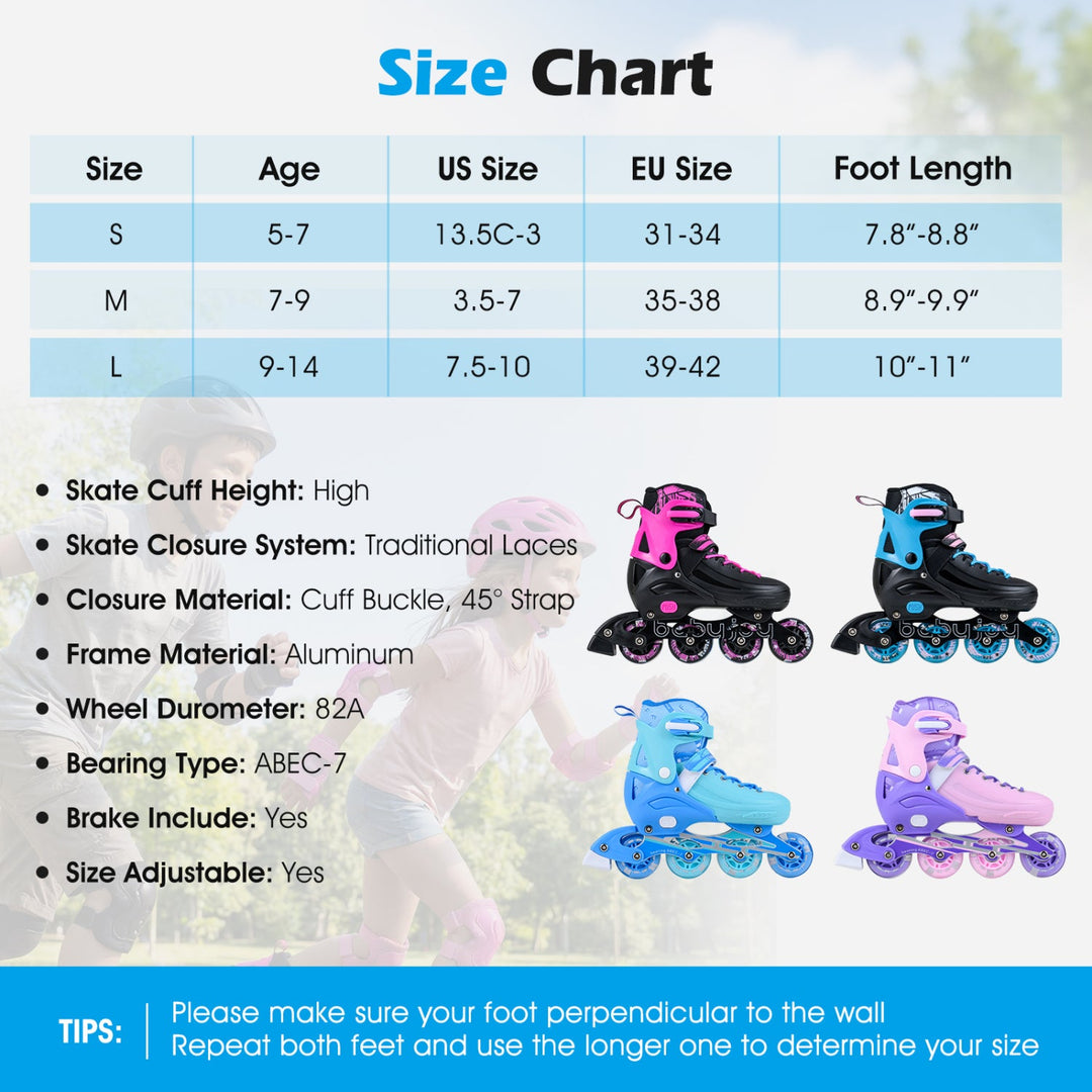 4-Size Adjustable Light-Up Kids Inline Skates for Kids Ages 7-9