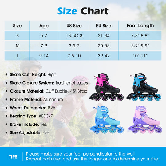 4-Size Adjustable Light-Up Kids Inline Skates for Kids Ages 7-9