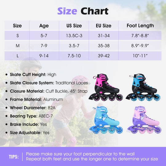 4-Size Adjustable Light-Up Kids Inline Skates for Kids Ages 7-9