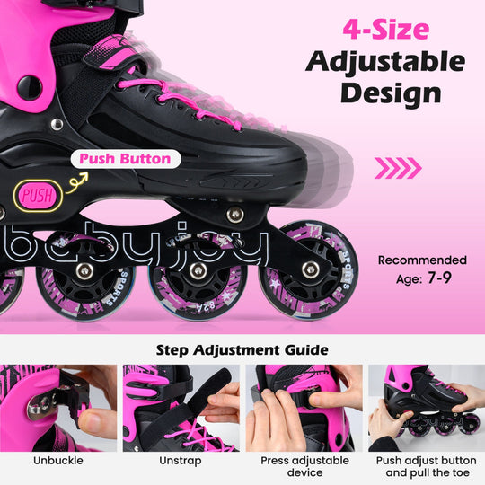 4-Size Adjustable Light-Up Kids Inline Skates for Kids Ages 7-9