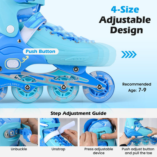 4-Size Adjustable Light-Up Kids Inline Skates for Kids Ages 7-9