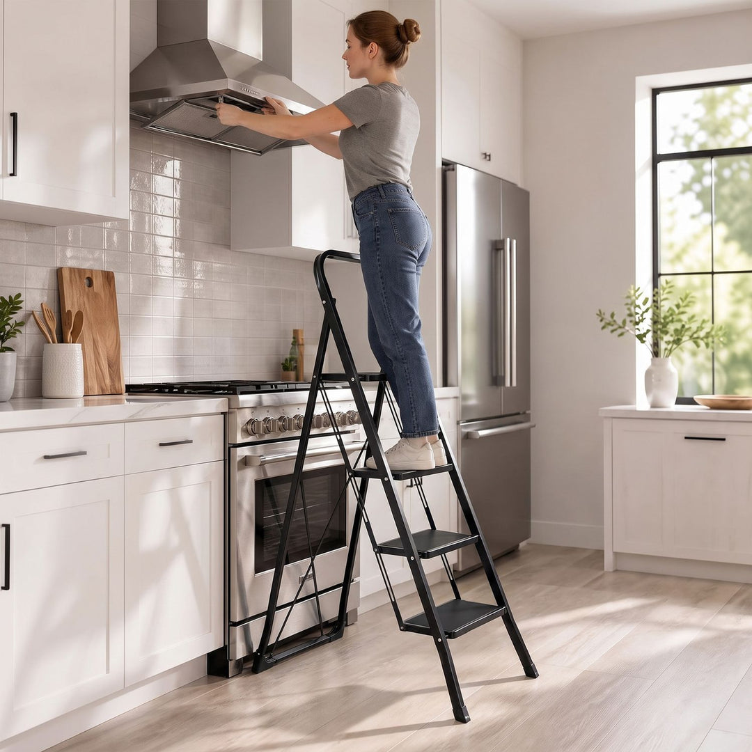 3 Step Ladder Folding Step Stool with Handrail and Wide Anti-Slip Pedals