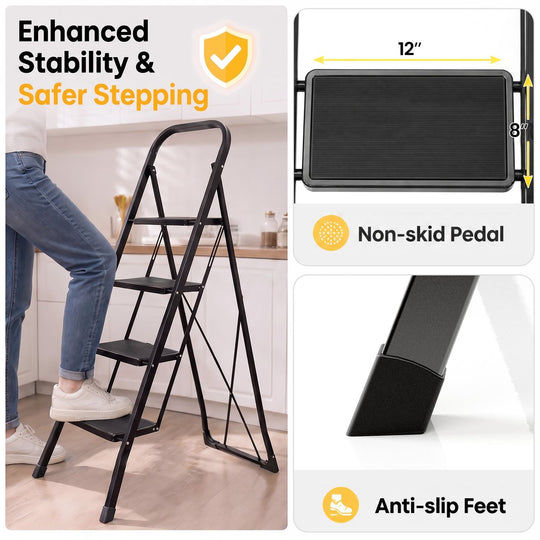 3 Step Ladder Folding Step Stool with Handrail and Wide Anti-Slip Pedals