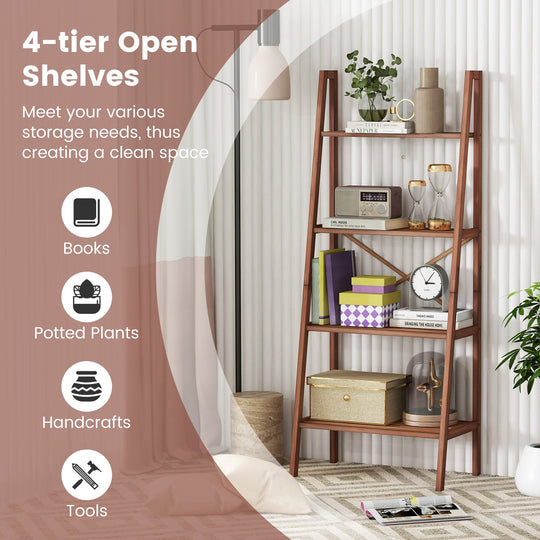4-Tier Bamboo Ladder Bookshelf 58 Inch - Walnut