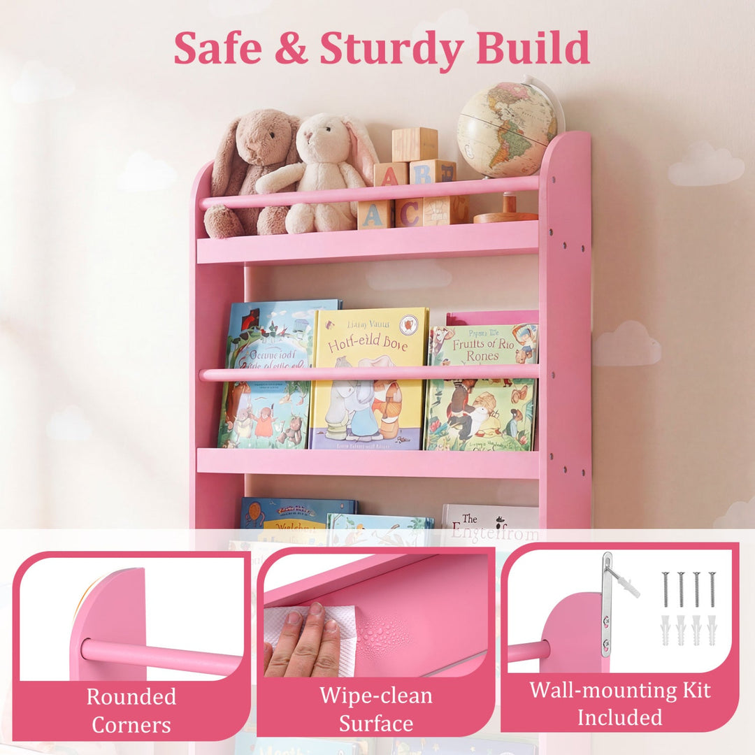 4-Tier Wall Mounted Bookshelf with Safety Rails