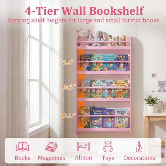 4-Tier Wall Mounted Bookshelf with Safety Rails