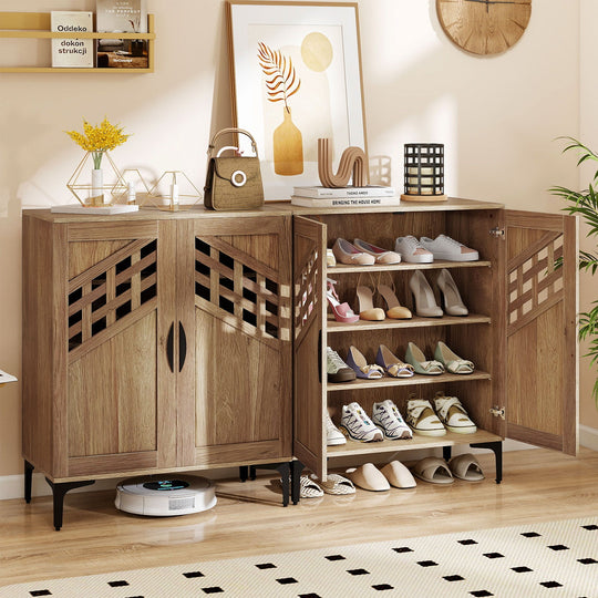 4 Tier Farmhouse Shoe Storage Cabinet with Removable Shelves and Metal Legs