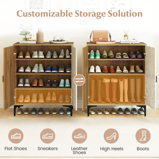 4 Tier Farmhouse Shoe Storage Cabinet with Removable Shelves and Metal Legs