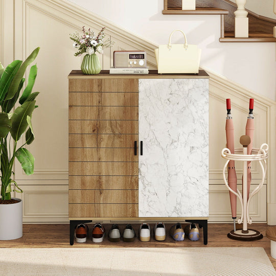 4 Tier Farmhouse Shoe Storage Cabinet with Removable Shelves and Metal Legs