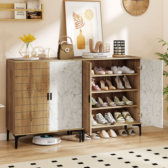 4 Tier Farmhouse Shoe Storage Cabinet with Removable Shelves and Metal Legs