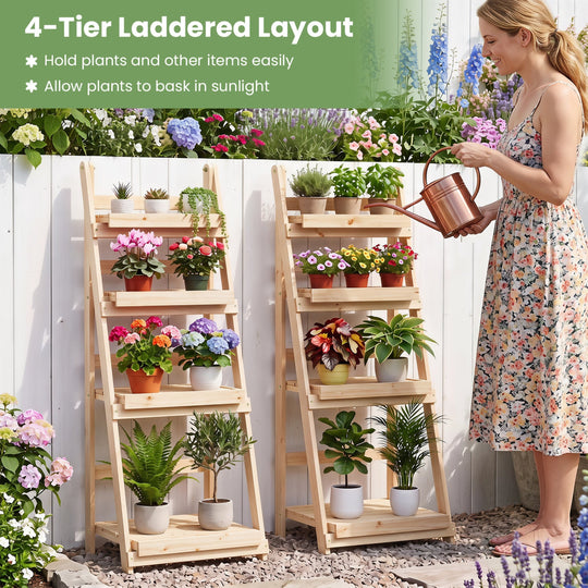 4-Tier Foldable Plant Stand with Slatted Shelves