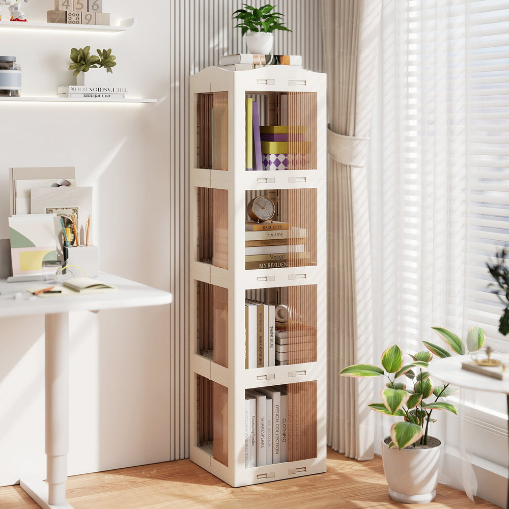 4-Tier Foldable Rotating Bookshelf with Swivel Base and Translucent Panels-White