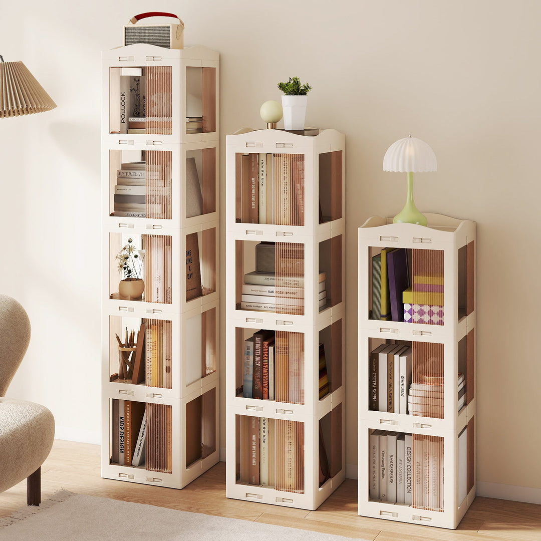 4-Tier Foldable Rotating Bookshelf with Swivel Base and Translucent Panels-White