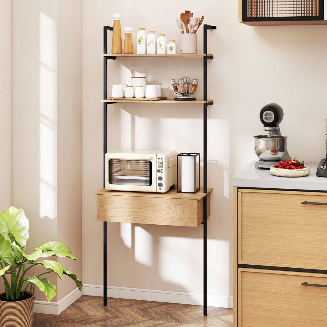 4-Tier Ladder Bookshelf with Drawer and Metal Frame