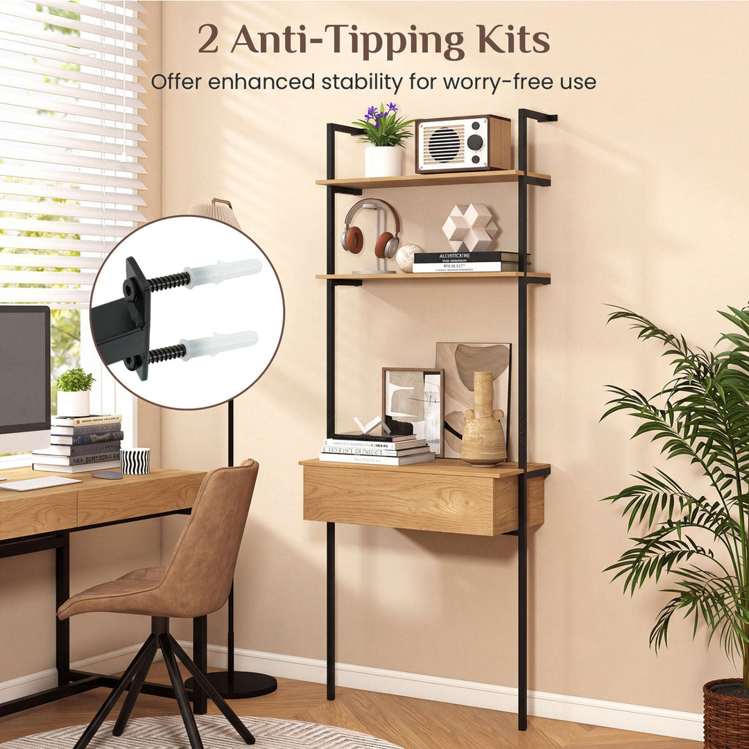 4-Tier Ladder Bookshelf with Drawer and Metal Frame