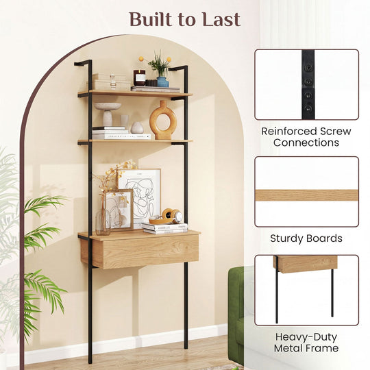 4-Tier Ladder Bookshelf with Drawer and Metal Frame