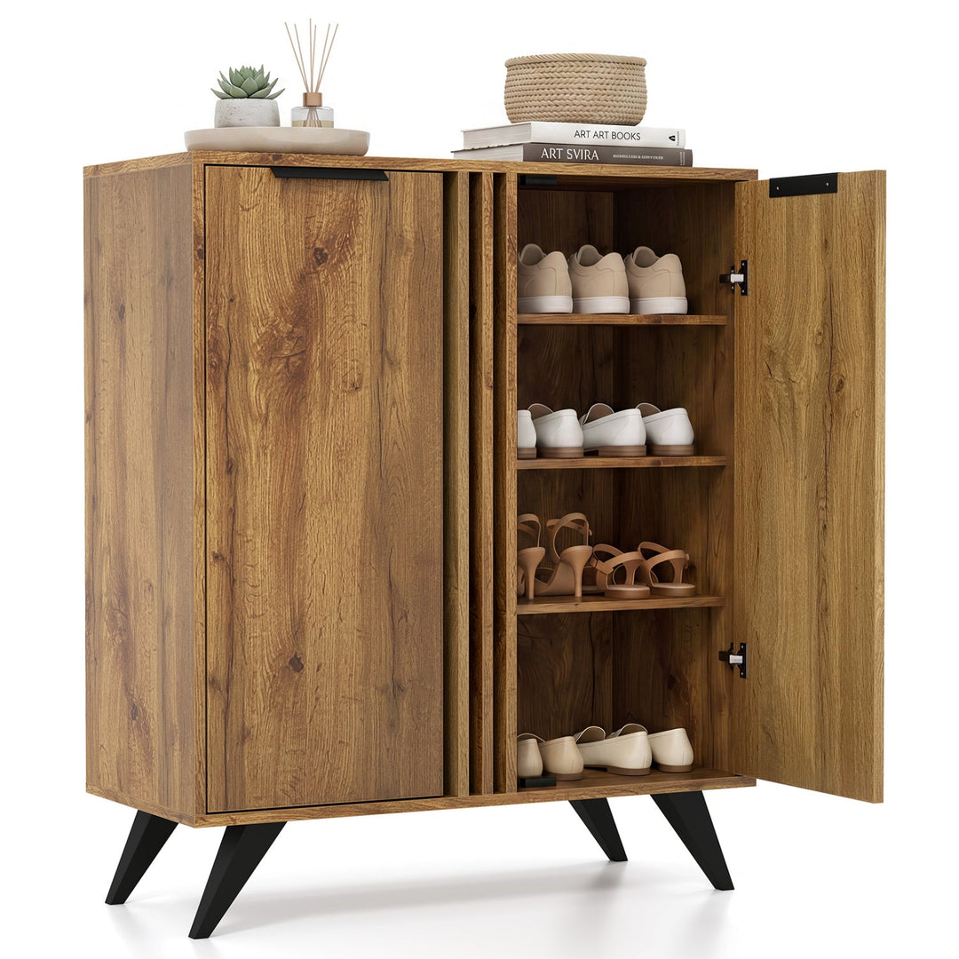 4-Tier Shoe Cabinet with 2 Doors - Natural Wood Finish