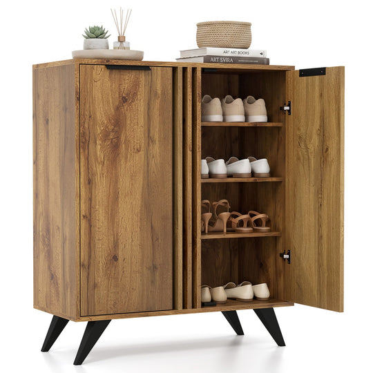 4-Tier Shoe Cabinet with 2 Doors - Natural Wood Finish