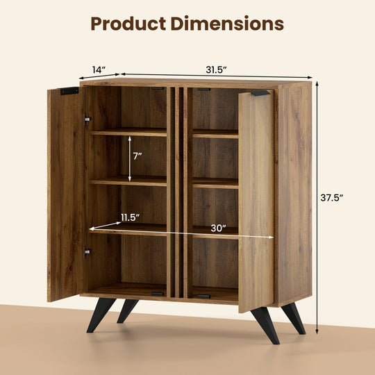 4-Tier Shoe Cabinet with 2 Doors - Natural Wood Finish
