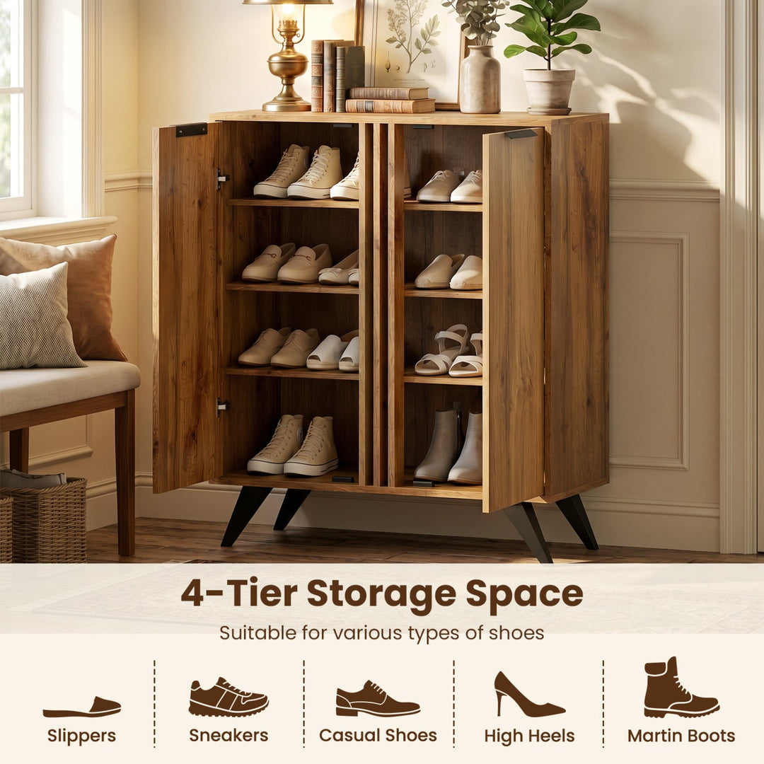 4-Tier Shoe Cabinet with 2 Doors - Natural Wood Finish