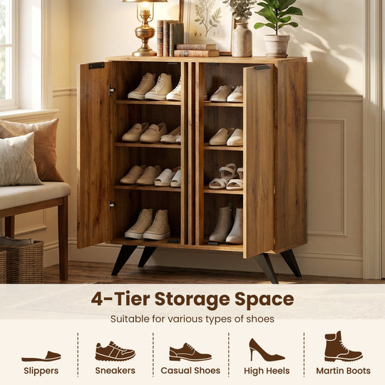 4-Tier Shoe Cabinet with 2 Doors - Natural Wood Finish