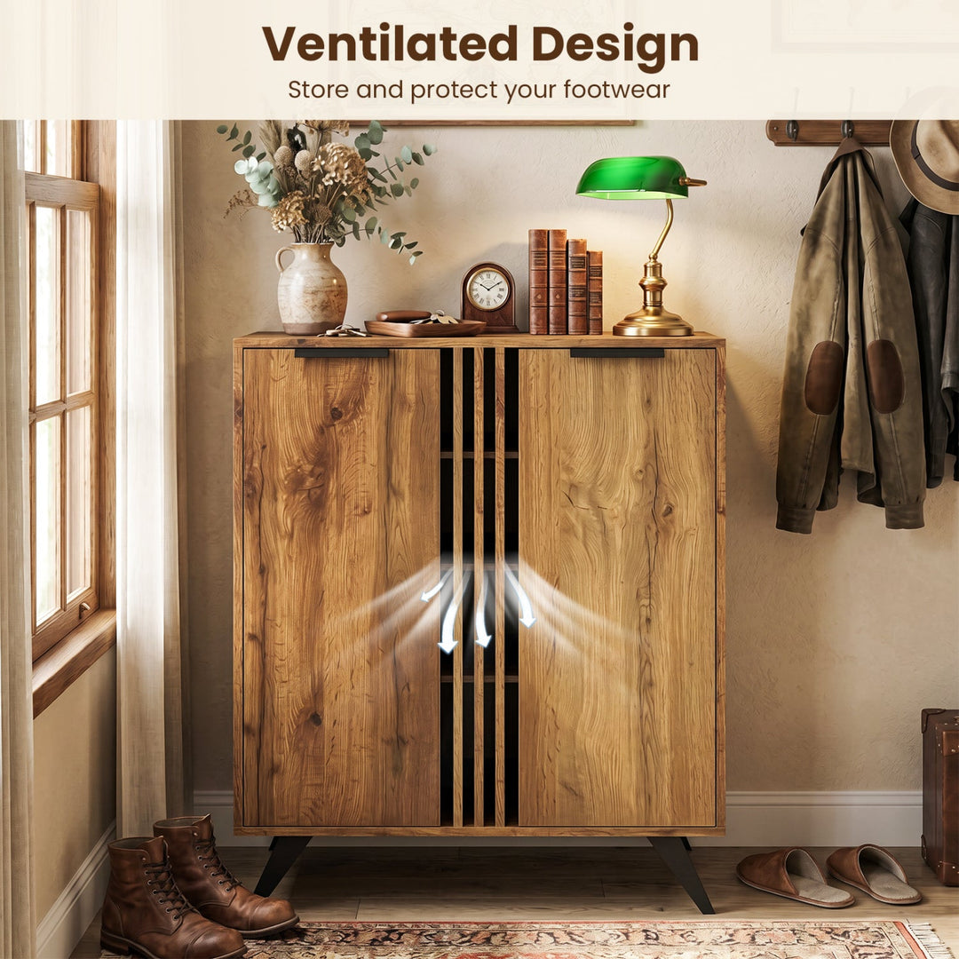 4-Tier Shoe Cabinet with 2 Doors - Natural Wood Finish