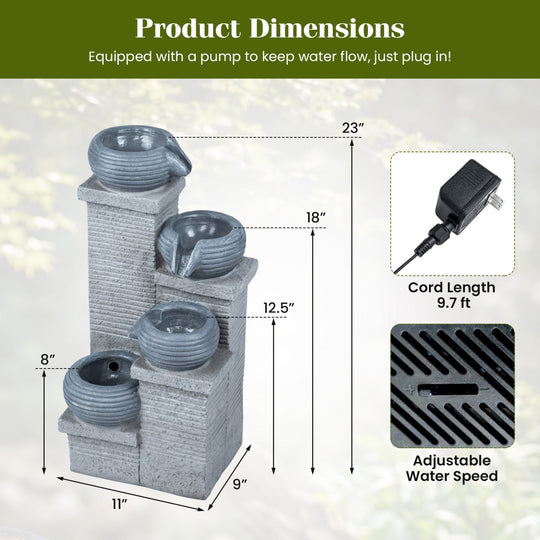 4-Tier Outdoor Water Fountain Cascading Bowl Waterfall Fountain with LED Lights