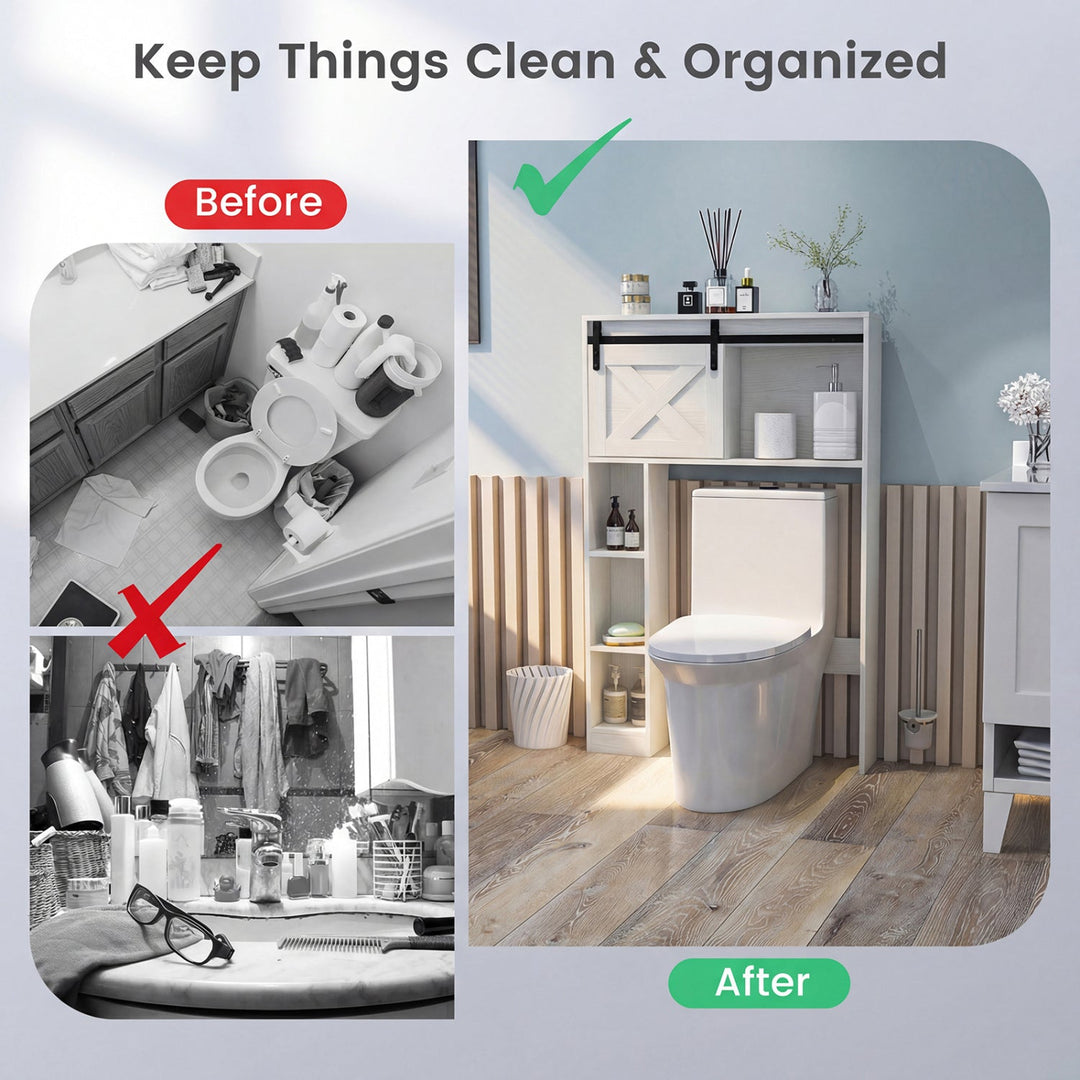 4-Tier Over The Toilet Storage Cabinet with Sliding Barn Door and Storage Shelves