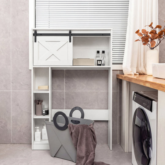 4-Tier Over The Toilet Storage Cabinet with Sliding Barn Door and Storage Shelves