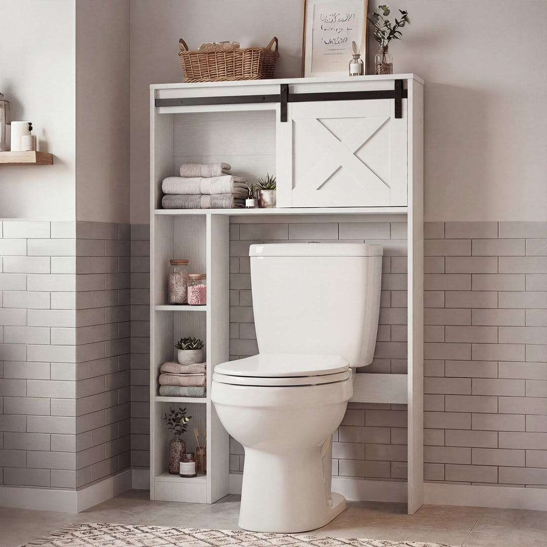 4-Tier Over The Toilet Storage Cabinet with Sliding Barn Door and Storage Shelves