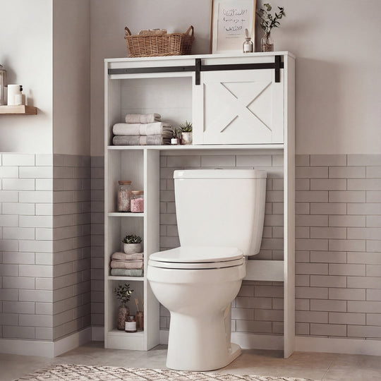 4-Tier Over The Toilet Storage Cabinet with Sliding Barn Door and Storage Shelves