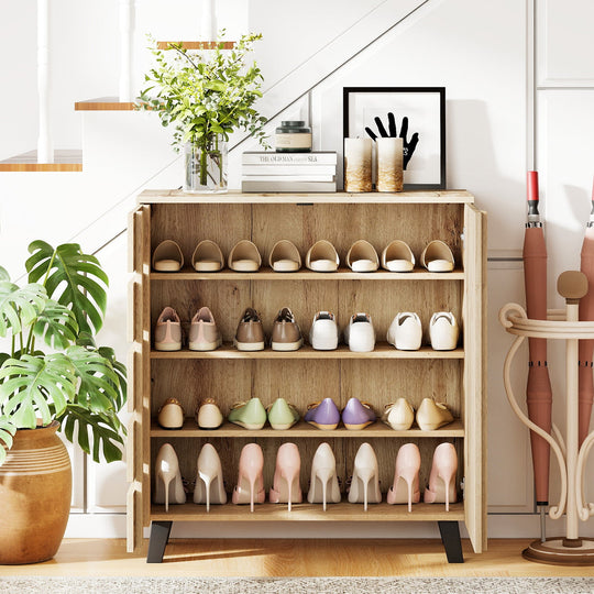 4-Tier Shoe Cabinet 2-Door Storage Organizer with Louvered Door-Natural