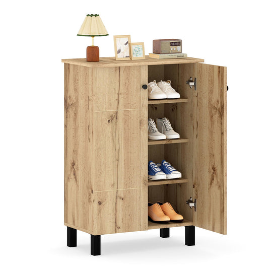 4-Tier Shoe Organizer with Removable Shelves and 2 Doors-Natural