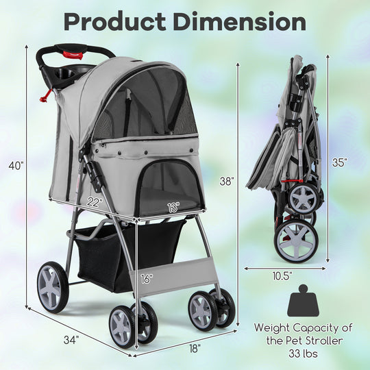 Folding Pet Stroller with Storage Basket and Adjustable Canopy-Gray