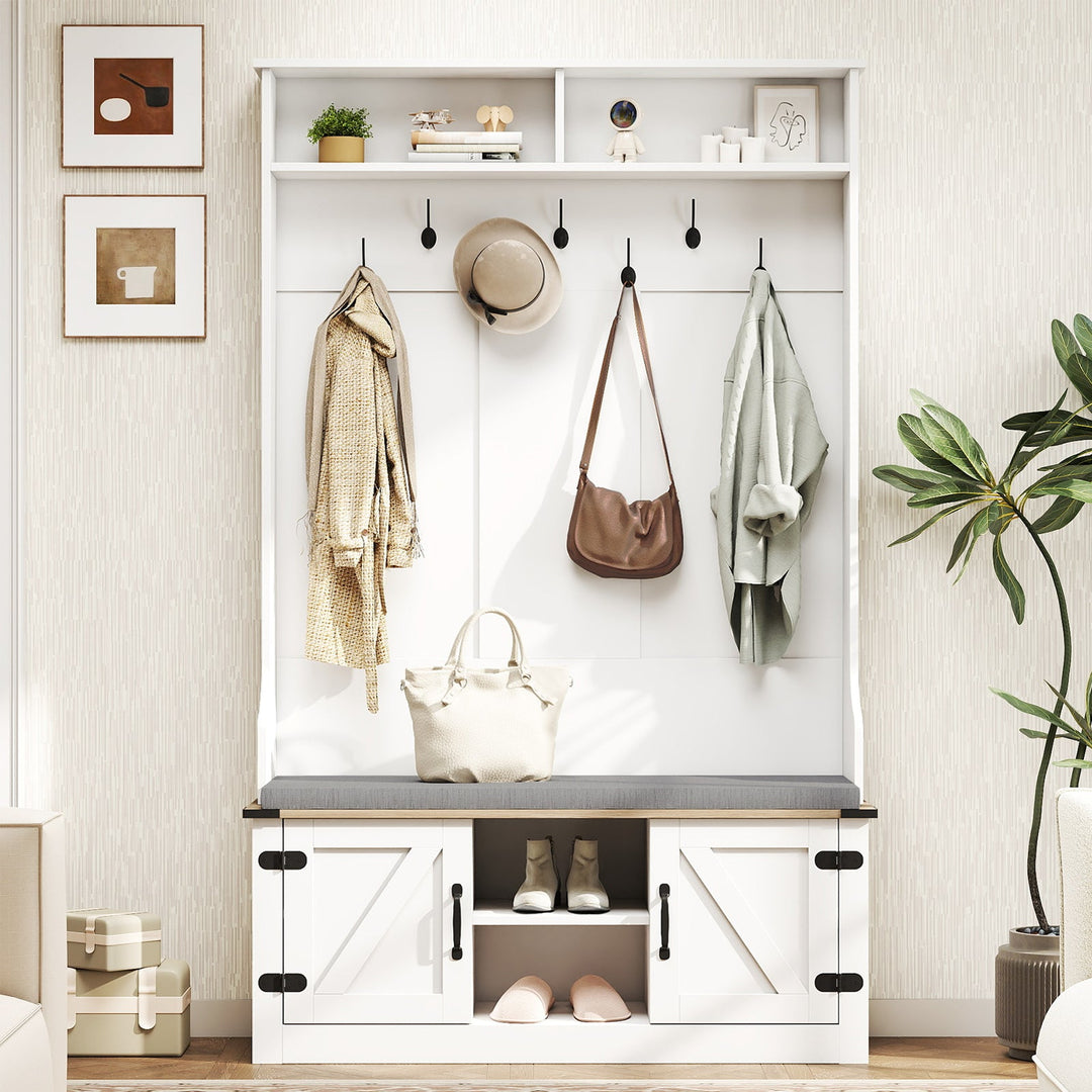 4-in-1 68.5 Inch Tall Coat Rack with Cushioned Bench and Shoe Storage-White