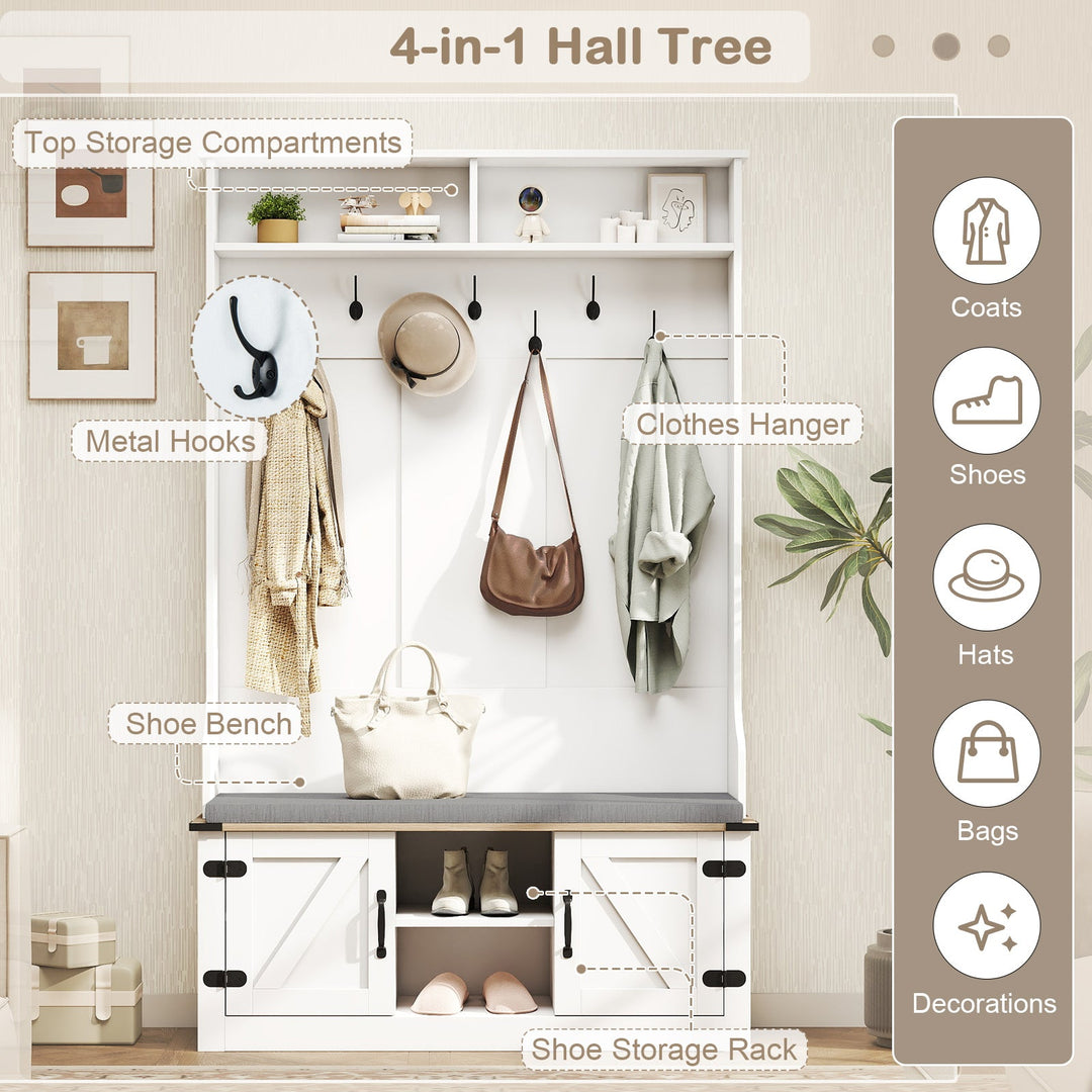 4-in-1 68.5 Inch Tall Coat Rack with Cushioned Bench and Shoe Storage-White