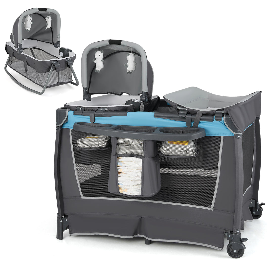 4-in-1 Convertible Portable Baby Play yard with Toys and Music Player-Blue