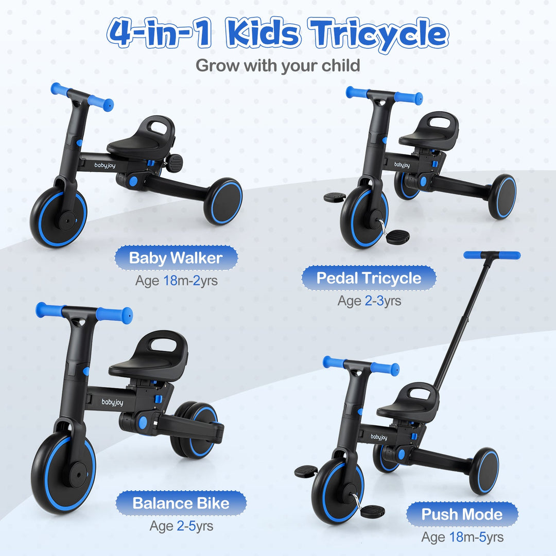 4-in-1 Foldable Toddler Tricycle with Push Handle with Adjustable Seat
